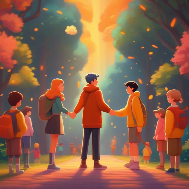 A welcoming scene where Orion and Nova shake hands with the students, warm colors