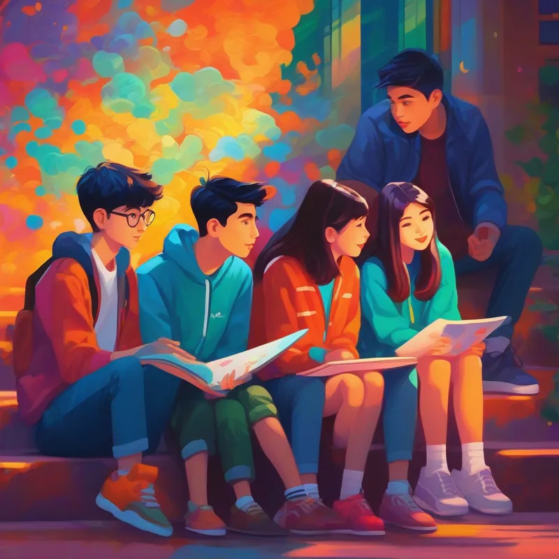 Four students sitting together, discussing equations and diagrams, vibrant colors