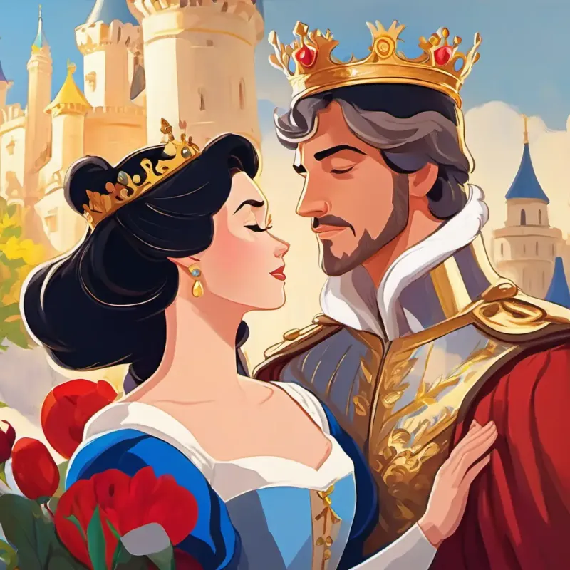 The prince, filled with sadness, kisses Snow White, and she wakes up. They fall in love, and the kingdom celebrates their reunion. The Queen's plan is foiled by true love.