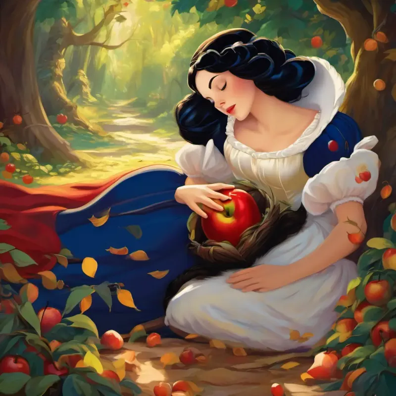 Snow White falls into a deep sleep after taking a bite of the poisoned apple. The Queen believes she has succeeded in her plan. Meanwhile, a handsome prince arrives in the kingdom, drawn by Snow White's beauty.