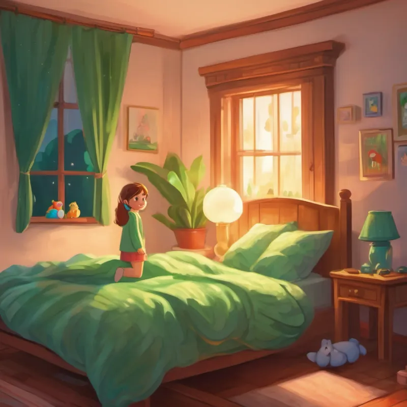 Lucy with light brown hair and sparkling green eyes in her bedroom, excited for sleep, with her bed and favorite toy.