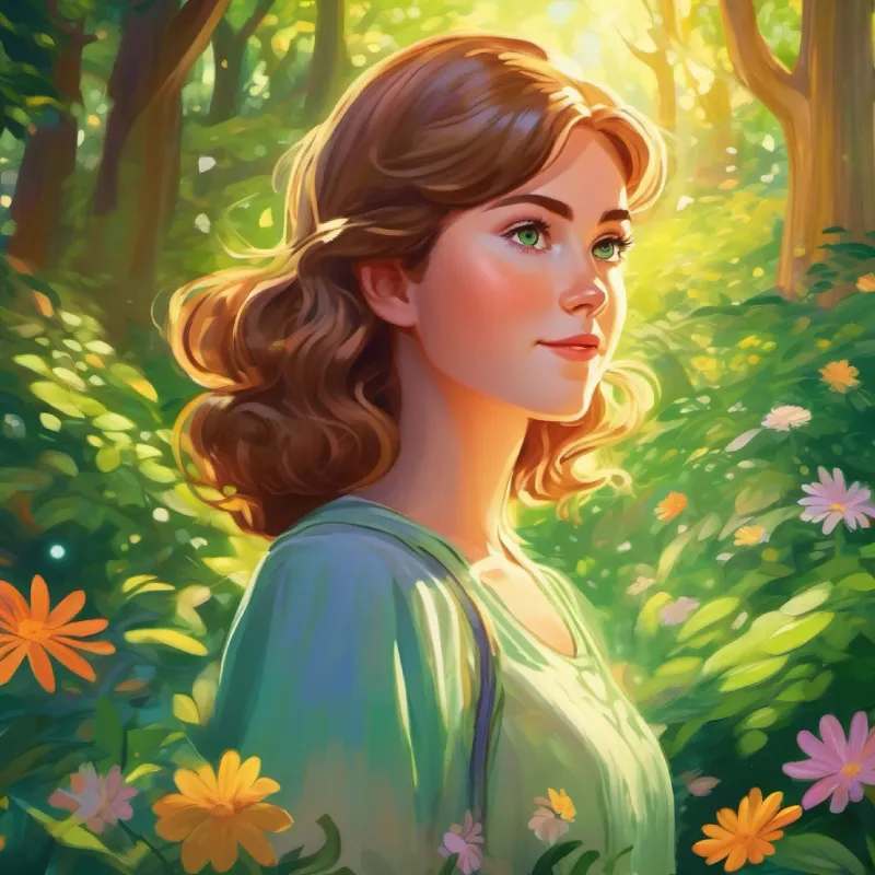Lucy with light brown hair and sparkling green eyes's dreamland with tall trees, colorful flowers, and sunlight peeking through leaves.