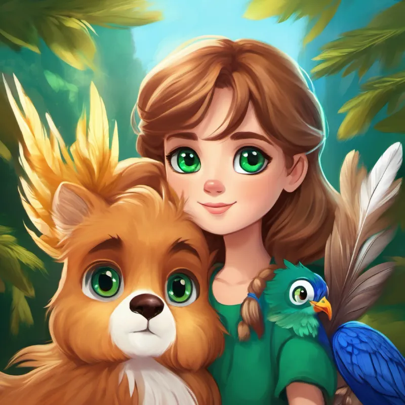 Lucy with light brown hair and sparkling green eyes expresses gratitude to her new friends Sammy with brown fur and bright blue eyes and Oliver with fluffy feathers and big, curious eyes, who promise to visit again.