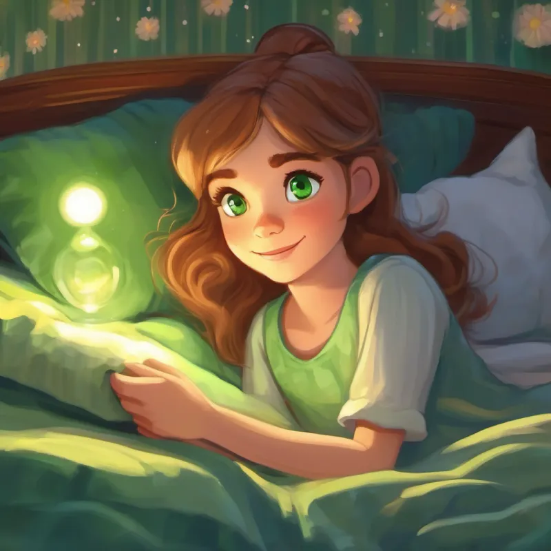 Lucy with light brown hair and sparkling green eyes wakes up in her bed, smiling, knowing she has magical friends in her dreams.