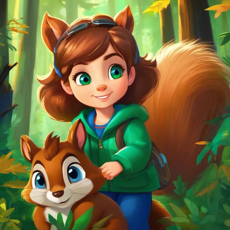 Lucy with light brown hair and sparkling green eyes meets Sammy with brown fur and bright blue eyes, a squirrel with brown fur and bright blue eyes, in the forest.