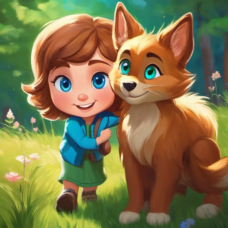 Sammy with brown fur and bright blue eyes asks Lucy with light brown hair and sparkling green eyes to explore, and she joyfully accepts, ready for the adventure.