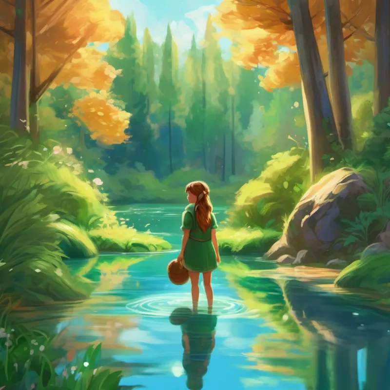 Lucy with light brown hair and sparkling green eyes and Sammy with brown fur and bright blue eyes discover a serene pond in the middle of their magical forest.