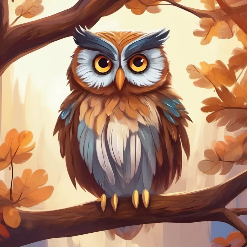 Owl Oliver with fluffy feathers and big, curious eyes with fluffy feathers and big, curious eyes sits on a tree branch.