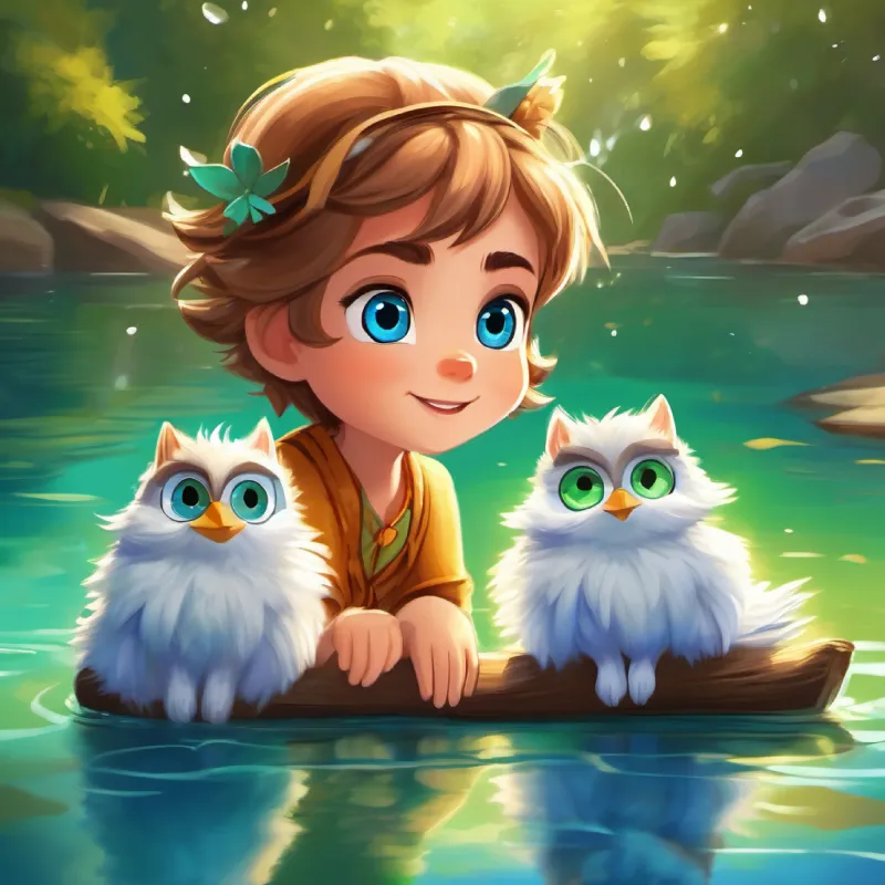Oliver with fluffy feathers and big, curious eyes greets Lucy with light brown hair and sparkling green eyes and Sammy with brown fur and bright blue eyes, introducing the magic of the sparkling blue pond.