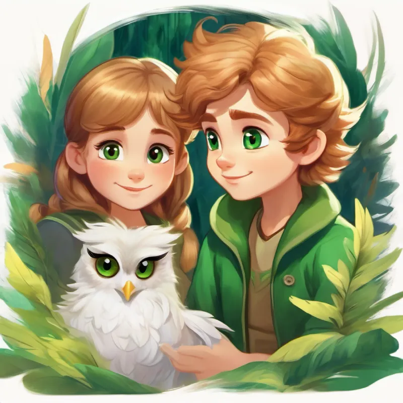 Lucy with light brown hair and sparkling green eyes questions Oliver with fluffy feathers and big, curious eyes about the pond's magic, to which Oliver with fluffy feathers and big, curious eyes responds with a smile.