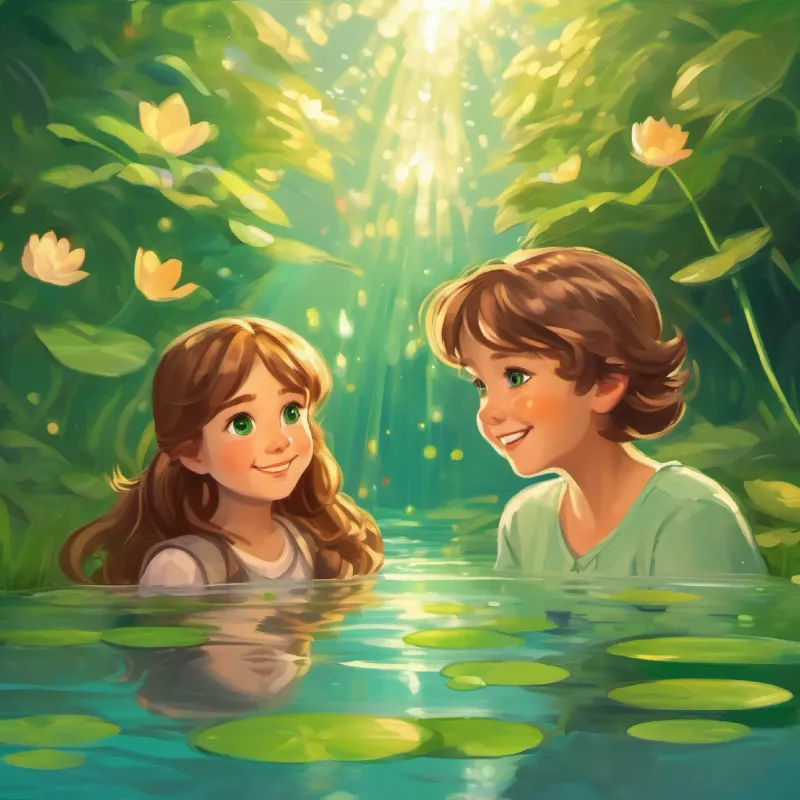 In the pond, Lucy with light brown hair and sparkling green eyes sees her smiling family, reflecting love and joy from the water.
