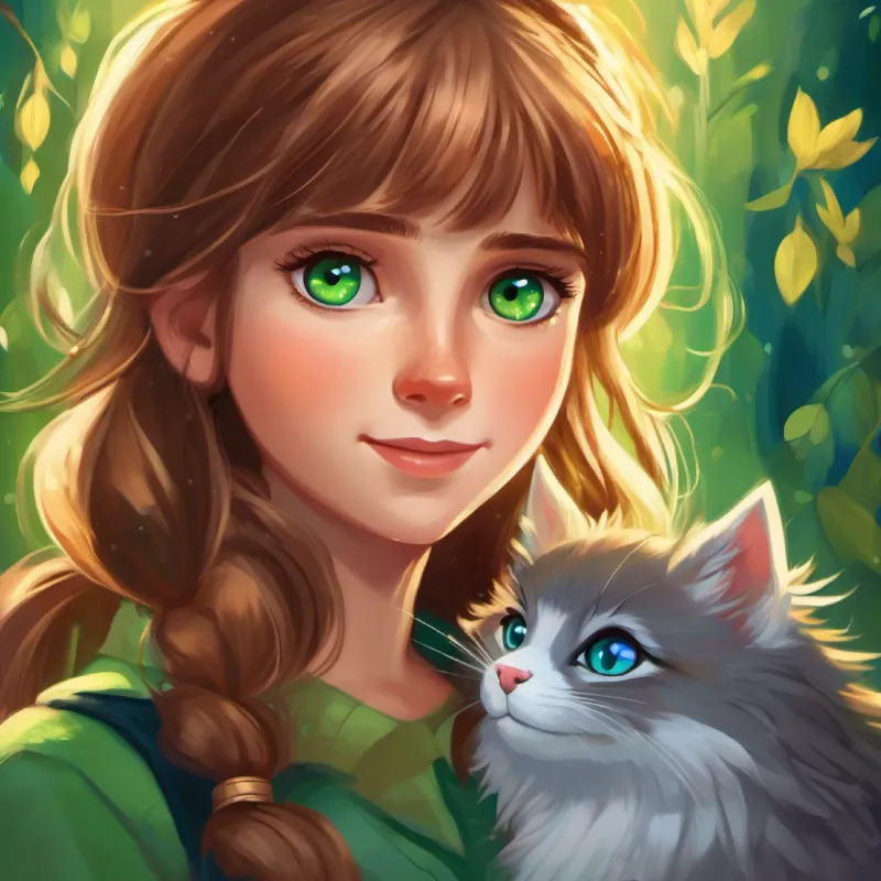 Lucy with light brown hair and sparkling green eyes's heart fills with warmth, understanding the kindness Sammy with brown fur and bright blue eyes and Oliver with fluffy feathers and big, curious eyes showed her.