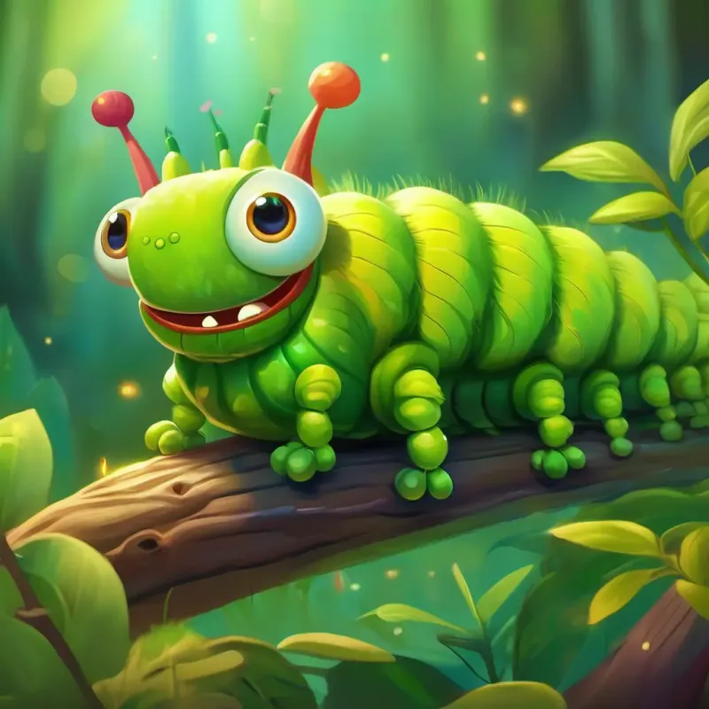 Small, green caterpillar with curious, bright eyes's feeling insignificant compared to the vibrant creatures around him.