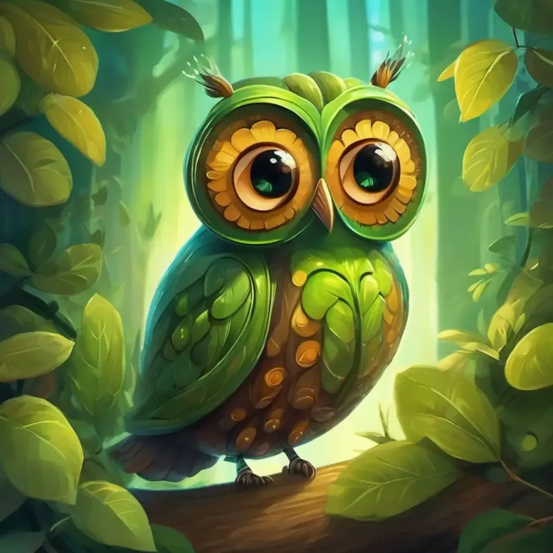 Small, green caterpillar with curious, bright eyes starting his adventure and meeting the Big, brown owl with wise, knowing eyes.