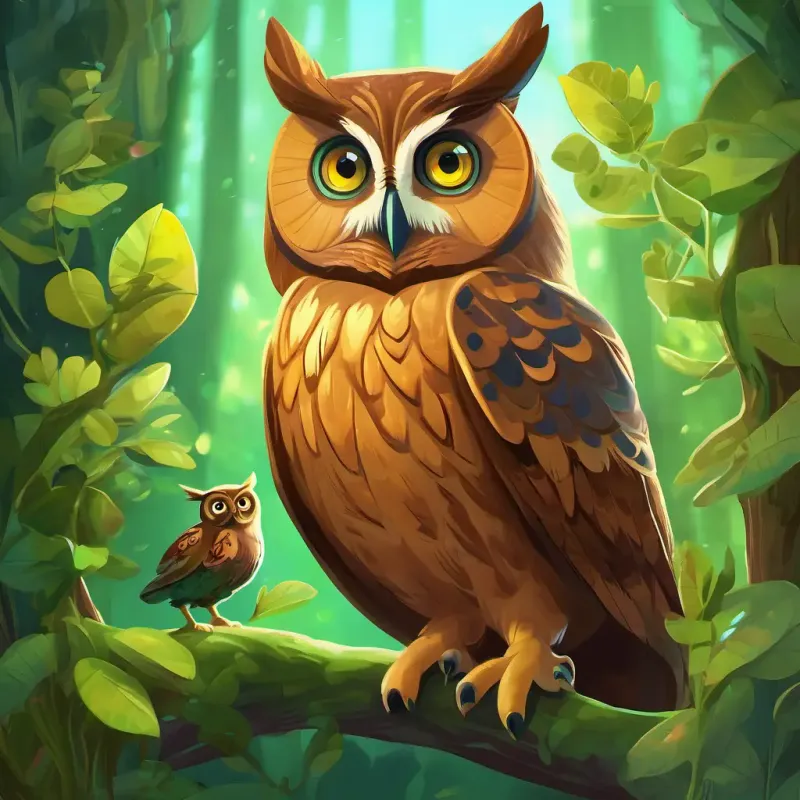 The Big, brown owl with wise, knowing eyes teaching Small, green caterpillar with curious, bright eyes about his potential for transformation.