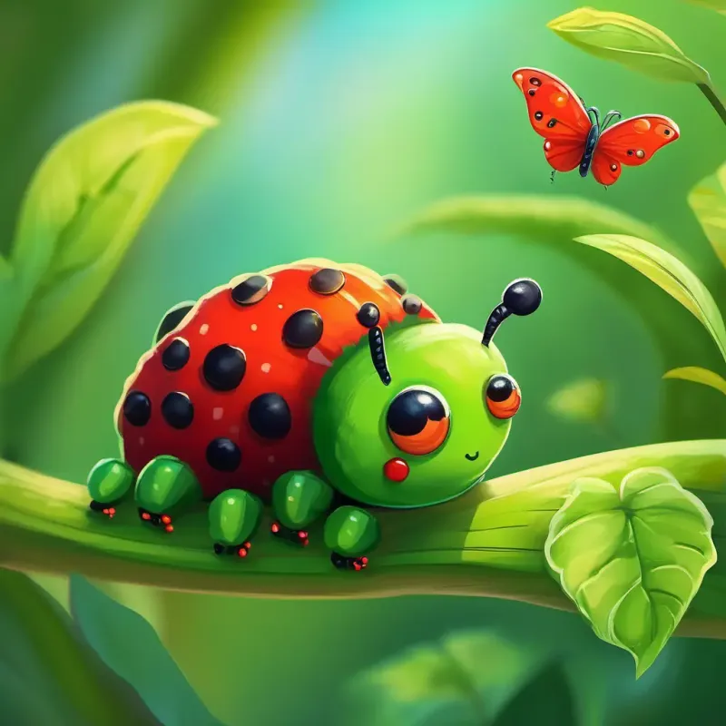 Small, green caterpillar with curious, bright eyes meeting the resilient ladybug and learning about resilience.