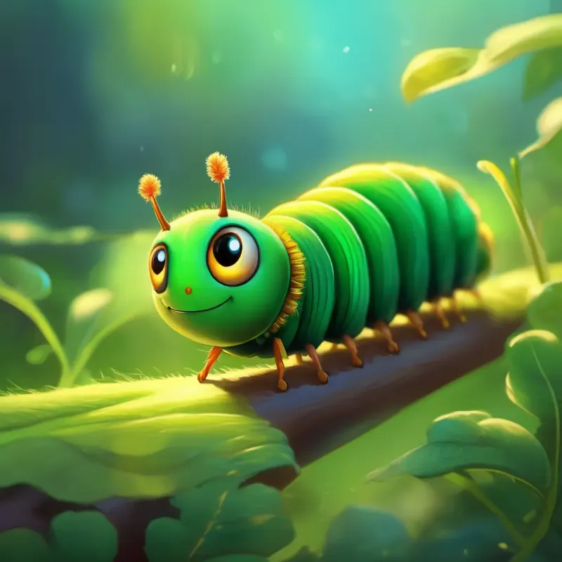 Small, green caterpillar with curious, bright eyes's transformation, realizing his worth and the beauty of transformation.
