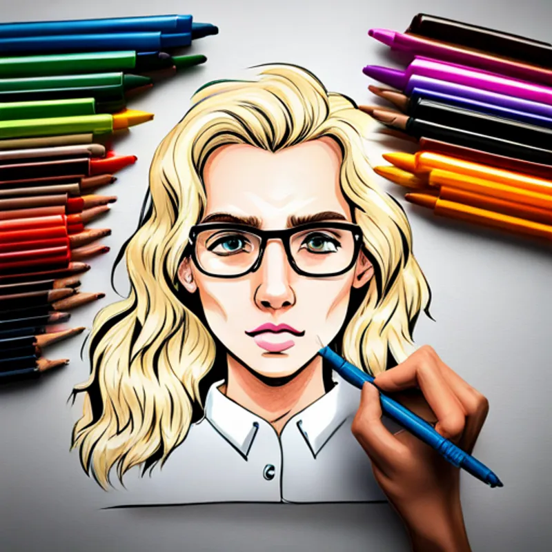Blonde hair, glasses, holding sketchbook and colorful markers. drawing in sketchbook with colorful markers