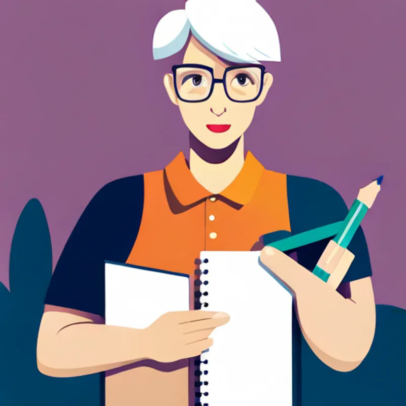 Blonde hair, glasses, holding sketchbook and colorful markers. talking to his teacher and holding a pencil