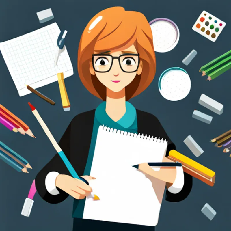 Brown hair, glasses, holding pencil and colorful markers. showing Blonde hair, glasses, holding sketchbook and colorful markers. how to draw circles and squares