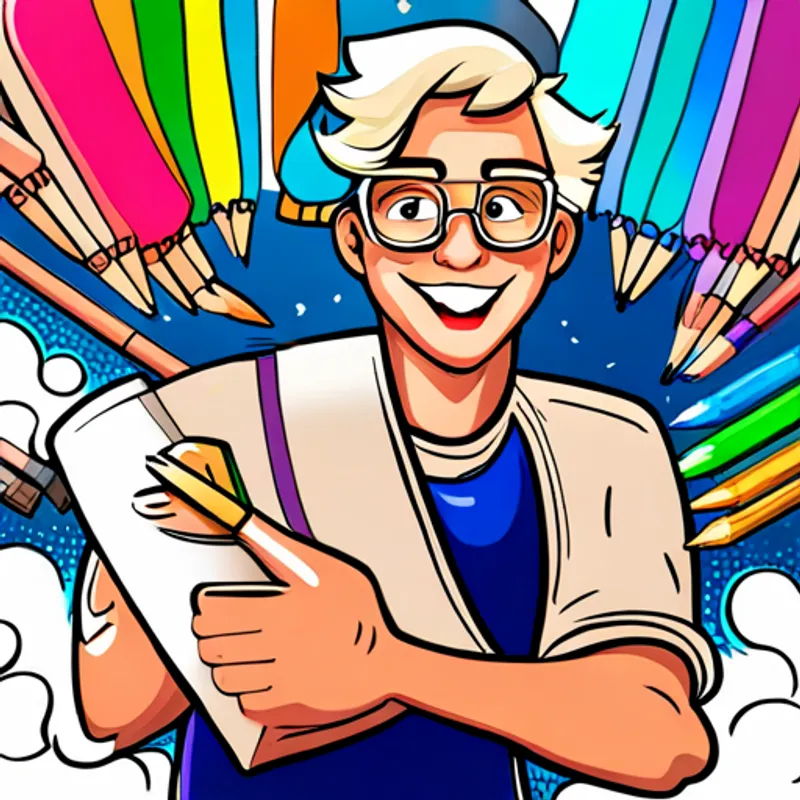 Blonde hair, glasses, holding sketchbook and colorful markers. happily drawing with a big smile on his face