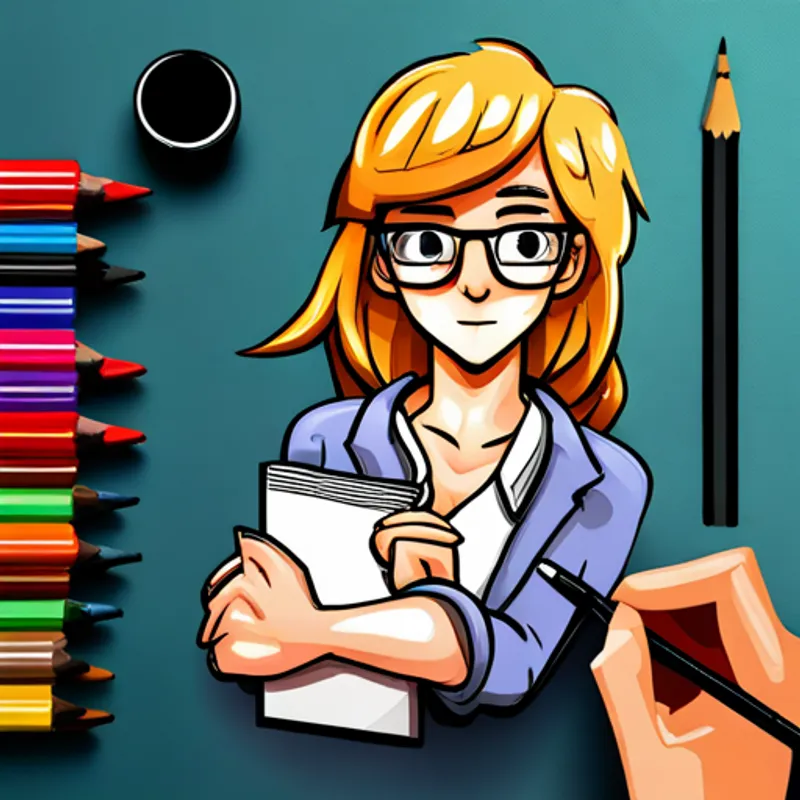 Brown hair, glasses, holding pencil and colorful markers. showing Blonde hair, glasses, holding sketchbook and colorful markers. how to add details to his drawing
