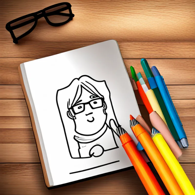 Blonde hair, glasses, holding sketchbook and colorful markers. happily coloring his drawing with vibrant markers