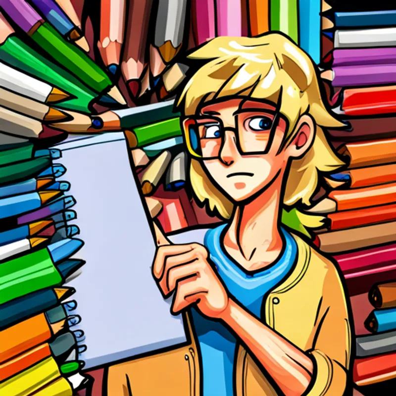 Blonde hair, glasses, holding sketchbook and colorful markers. admiring his finished drawing with a sense of accomplishment