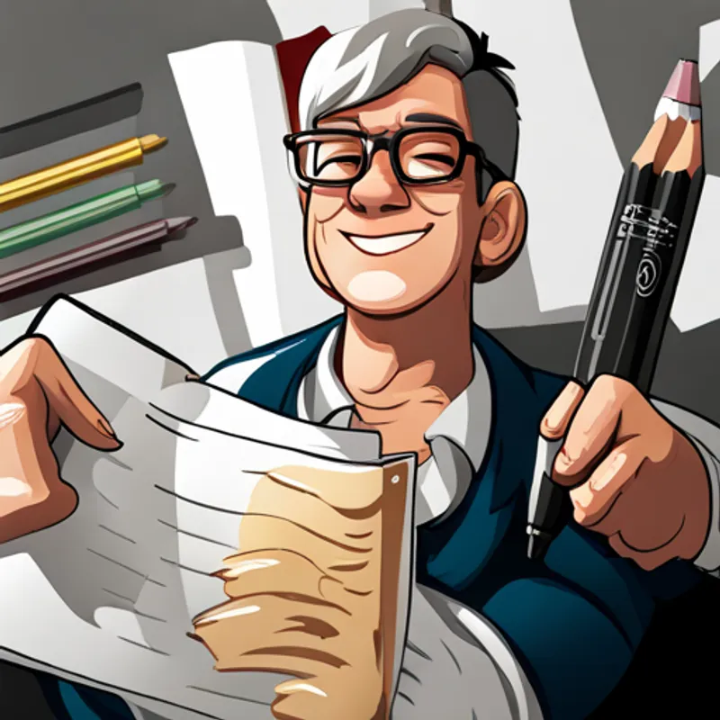 Blonde hair, glasses, holding sketchbook and colorful markers. holding up his sketchbook with a big smile