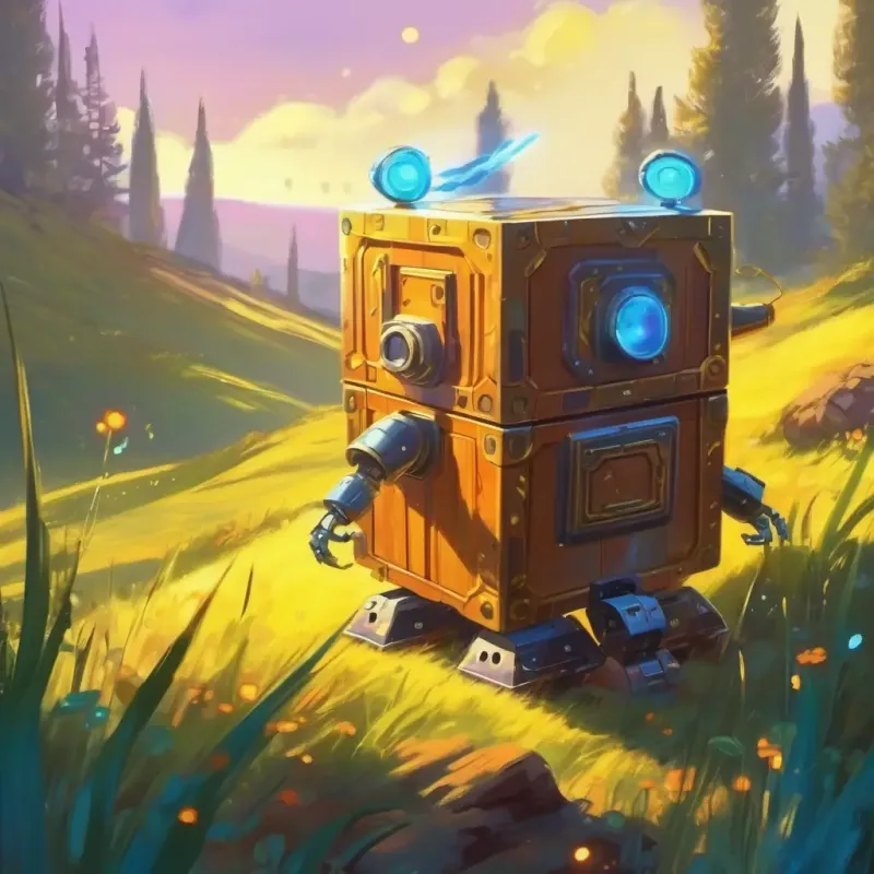 Discovery of the mysterious box, shiny glowing robot