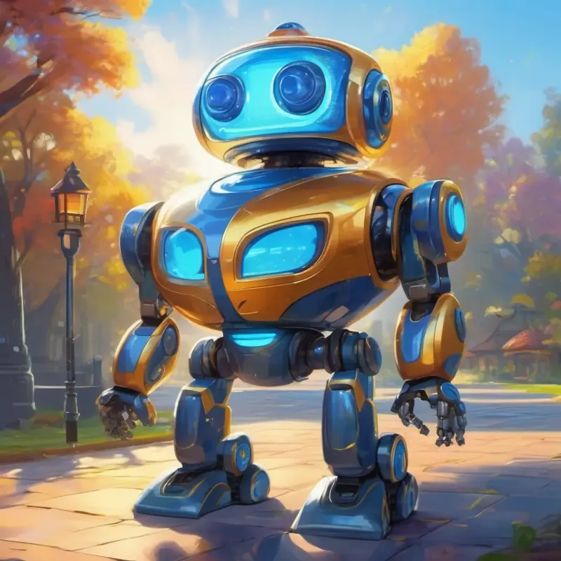 Introduction of Shiny robot with a blue exterior and bright, sparkling eyes, the friendly AI robot