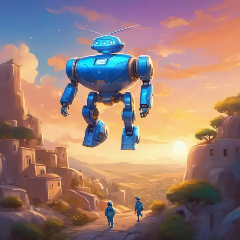 Adventures with Shiny robot with a blue exterior and bright, sparkling eyes, flying over Israel, meeting new people
