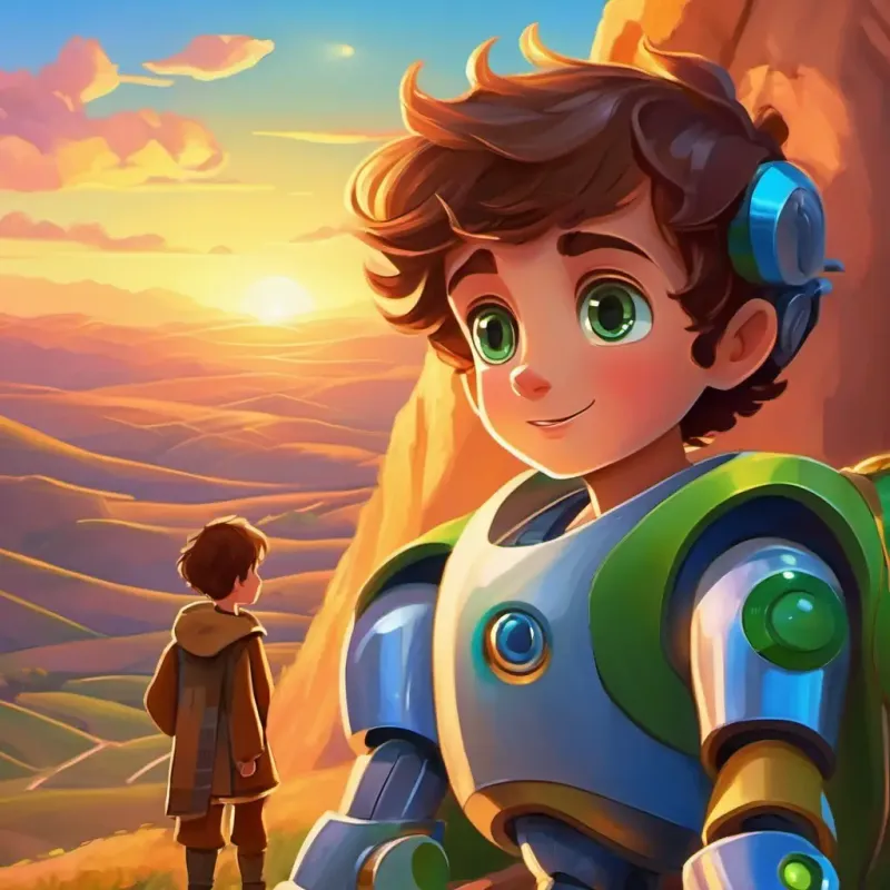 Sunset over the hills of Israel, Curious boy with brown hair and twinkling green eyes and Shiny robot with a blue exterior and bright, sparkling eyes's friendship
