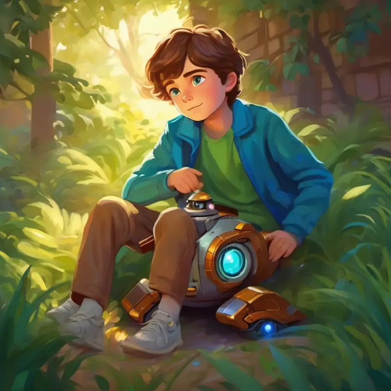 Curious boy with brown hair and twinkling green eyes falling asleep, looking forward to new adventures with Shiny robot with a blue exterior and bright, sparkling eyes