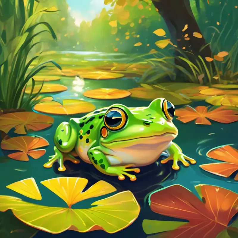 Setting: Cozy pond; Characters: A little green frog with big, shiny eyes and a bouncy belly Skin: Green; Eyes: Shiny and bright the Frog; Mood: Fun and playful