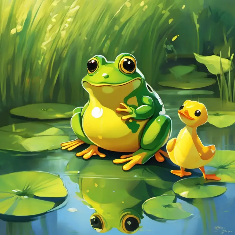 Setting: Sunny day at the pond; Characters: A little green frog with big, shiny eyes and a bouncy belly Skin: Green; Eyes: Shiny and bright the Frog, A small, yellow duck with a sad expression Color: Yellow; Expression: Sad; Mood: Kind and caring