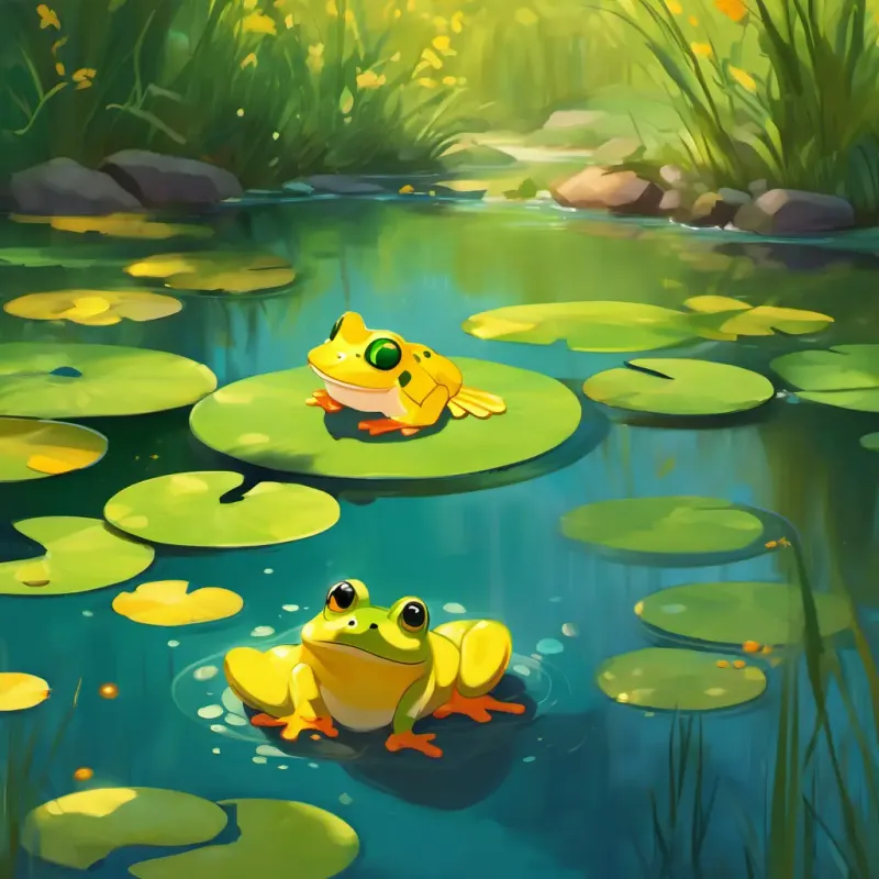 Setting: Sunny day at the pond; Characters: A little green frog with big, shiny eyes and a bouncy belly Skin: Green; Eyes: Shiny and bright the Frog, A small, yellow duck with a sad expression Color: Yellow; Expression: Sad; Mood: Heartwarming and cheerful