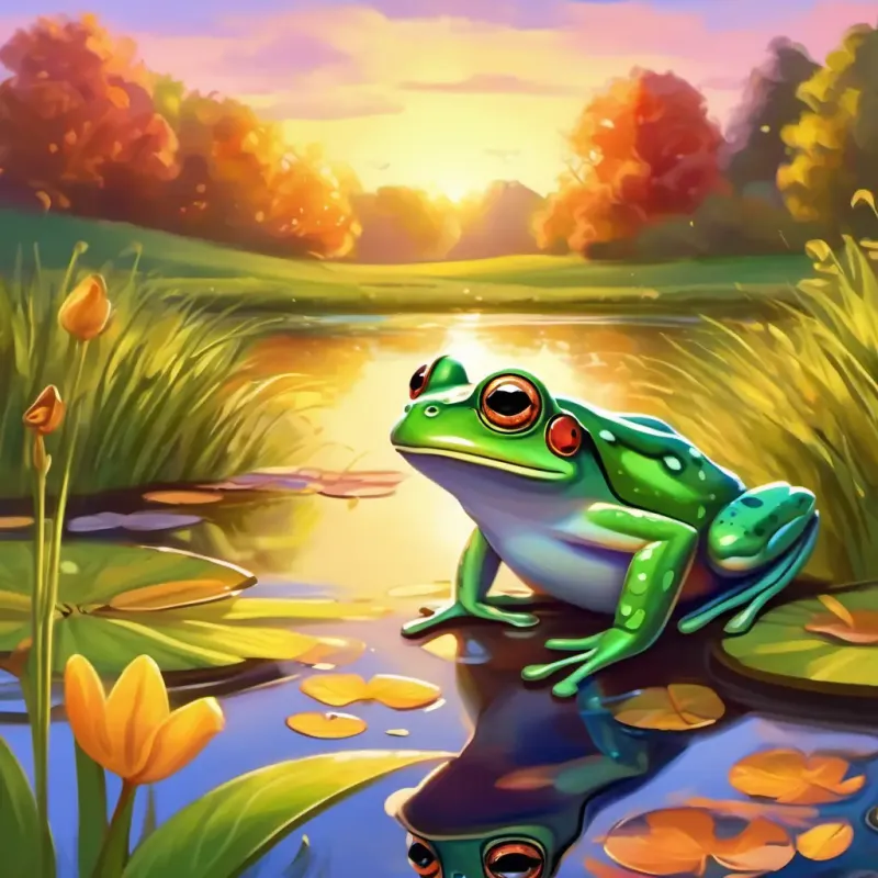 Setting: Sunset at the pond; Characters: A little green frog with big, shiny eyes and a bouncy belly Skin: Green; Eyes: Shiny and bright the Frog, other animals; Mood: Cheerful and joyful