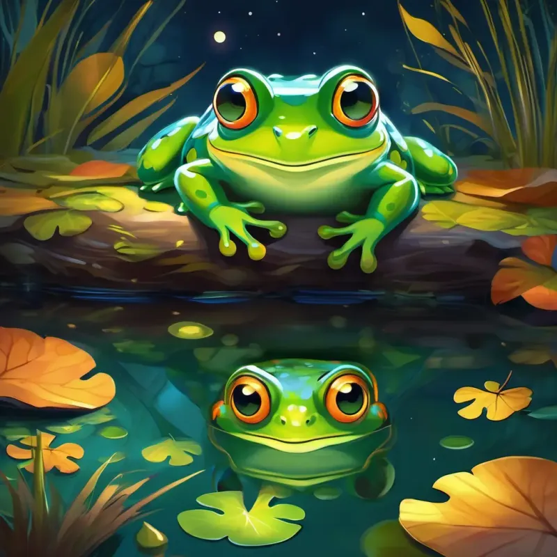 Setting: Moonlit night at the pond; Characters: A little green frog with big, shiny eyes and a bouncy belly Skin: Green; Eyes: Shiny and bright the Frog, other animals; Mood: Cozy and content