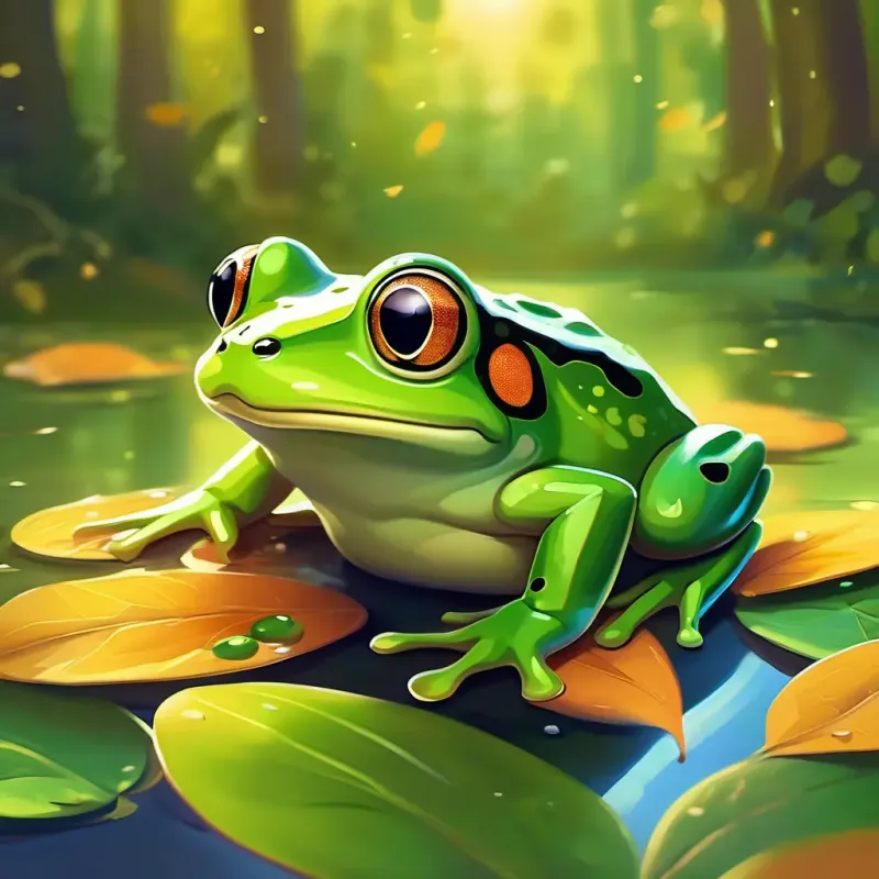Moral of the story: Kindness and friendship; Characters: A little green frog with big, shiny eyes and a bouncy belly Skin: Green; Eyes: Shiny and bright the Frog; Mood: Loving and comforting