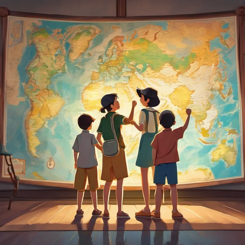 Family standing in front of map, excitedly pointing
