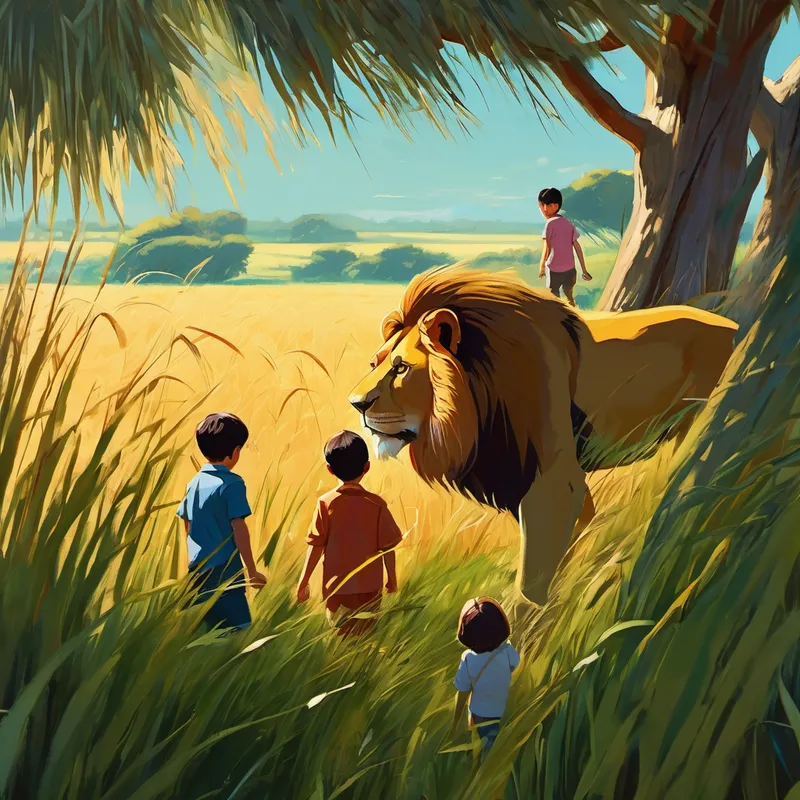 Family surrounded by tall grass, sneaking peeks at lions