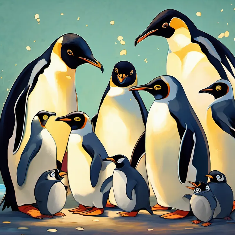 Family gathered around penguins, holding their tummies laughing
