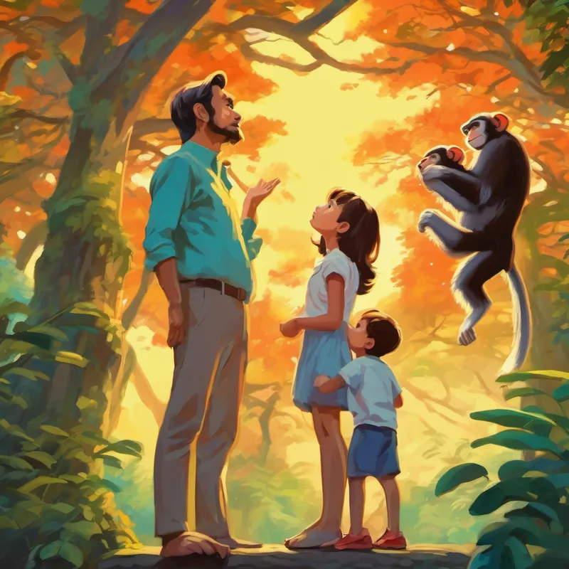 Family staring up at monkeys, amazed by their acrobatics