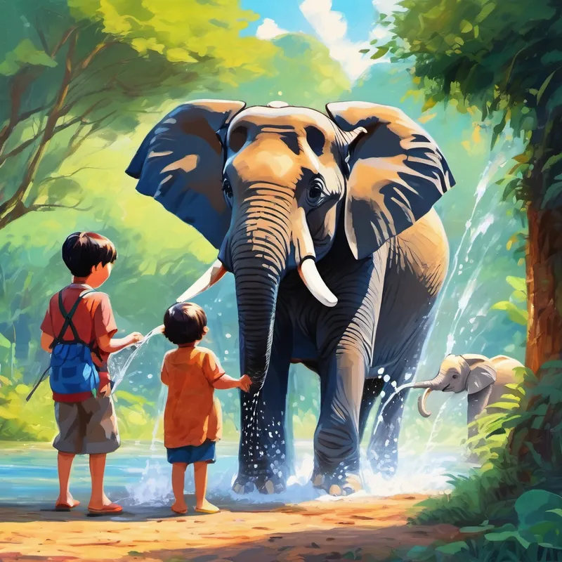 Family watching elephants playfully spraying water with their trunks