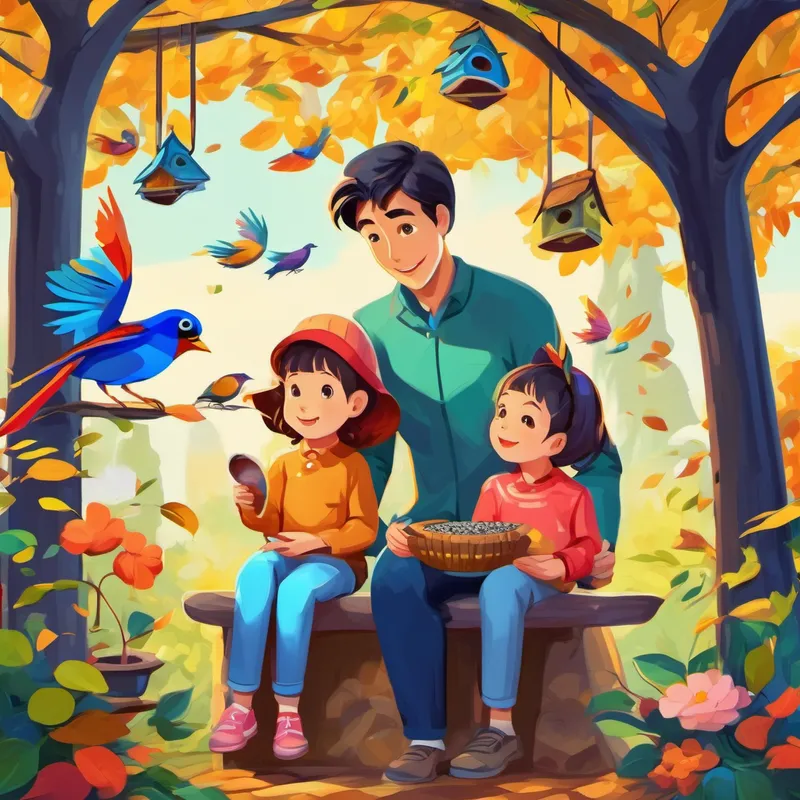 Family holding bird feeders while colorful birds perch on their hands