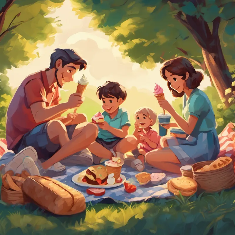 Family sitting on a blanket, eating sandwiches and enjoying ice cream