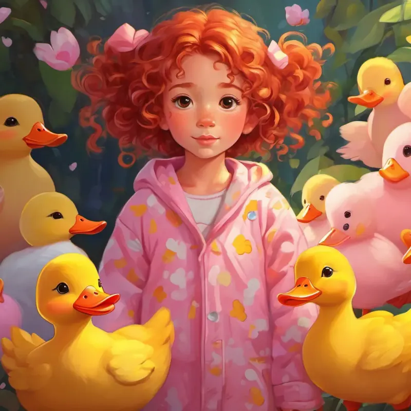 Curly red hair, brown eyes, pink pajamas with yellow duckies is a little girl with curly red hair, big brown eyes, and freckles. She is wearing her favorite pink pajamas with yellow duckies.