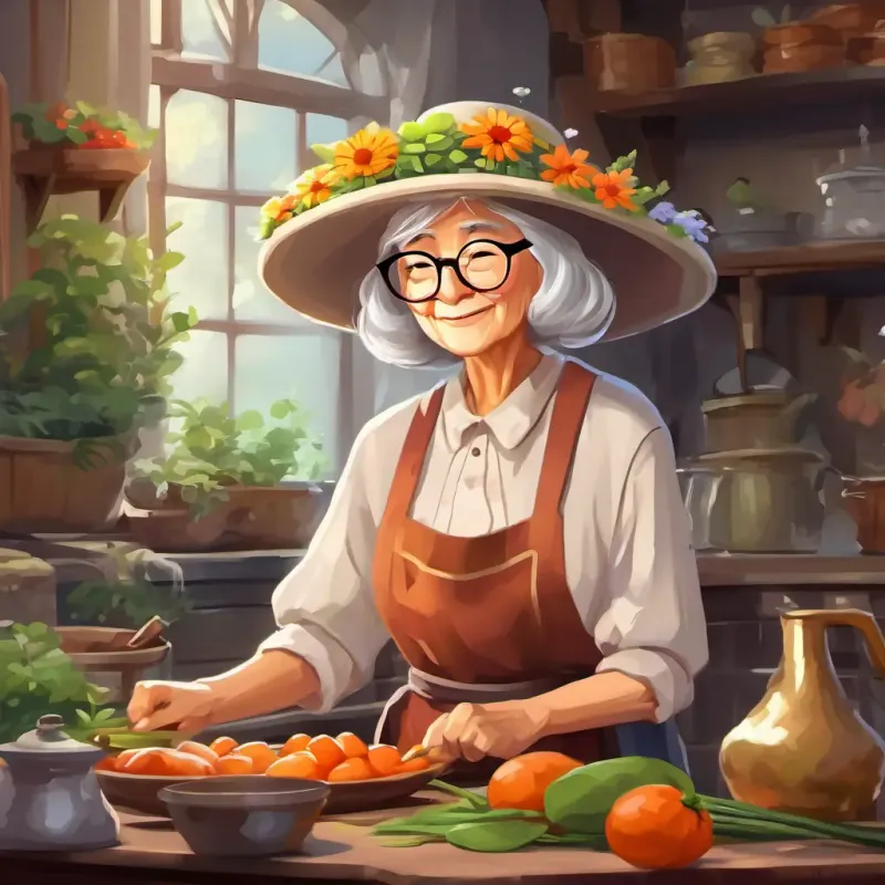 Silver hair, glasses, flowery apron, big floppy hat is an old lady with silver hair and glasses. She is wearing a flowery apron and has a big floppy hat.