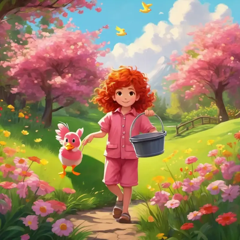 Curly red hair, brown eyes, pink pajamas with yellow duckies is holding a shiny red bucket, skipping over the green grass and colorful flowers in the garden.